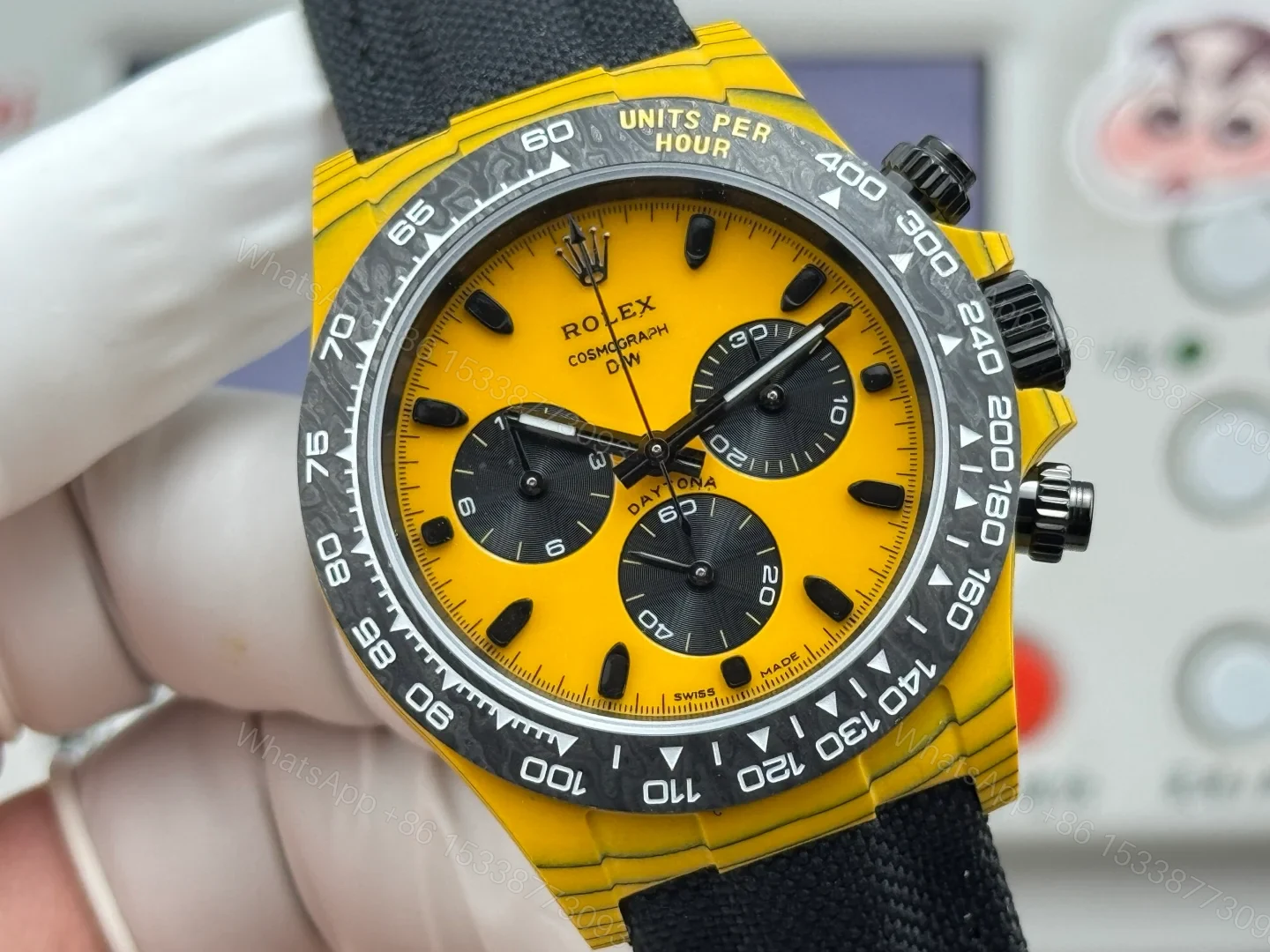 View 4 of Rolex Daytona Yellow Replica 40MM Premium Carbon Fiber Black Fabric Strap RG-ROLEX-DAYTONAR74-YELLOW