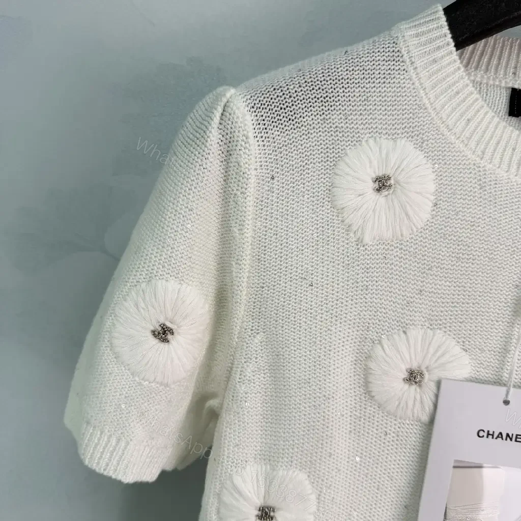 View 4 of White Knit Polo Top with Daisy Floral Embellishments, Pullover