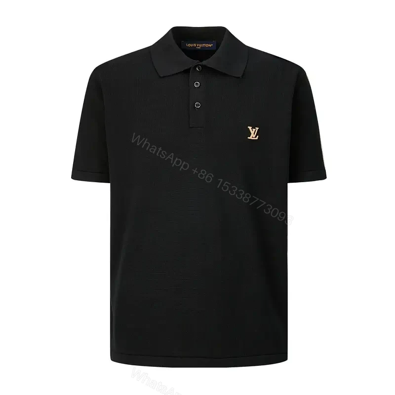 Polished Polo Tee: Black Knit with Gold Crest Polo Shirt — view 1