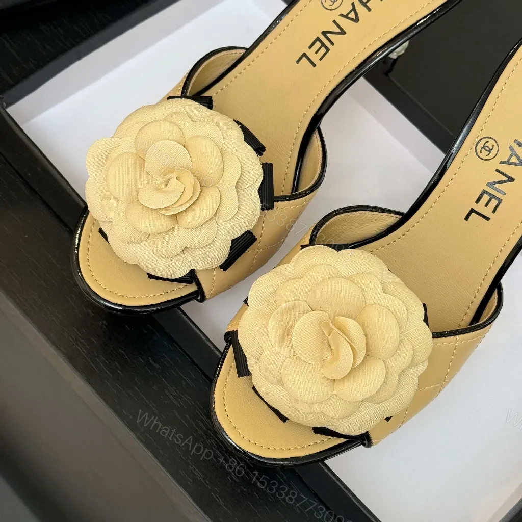 View 4 of Beige Quilted Leather Mules: Camellia, Sculpted Heel, Open-Toe