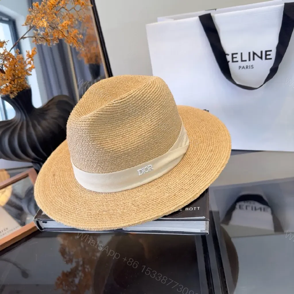 View 7 of Beige Straw Wide-Brim Hat Satin-Band Dior-Logo Crown