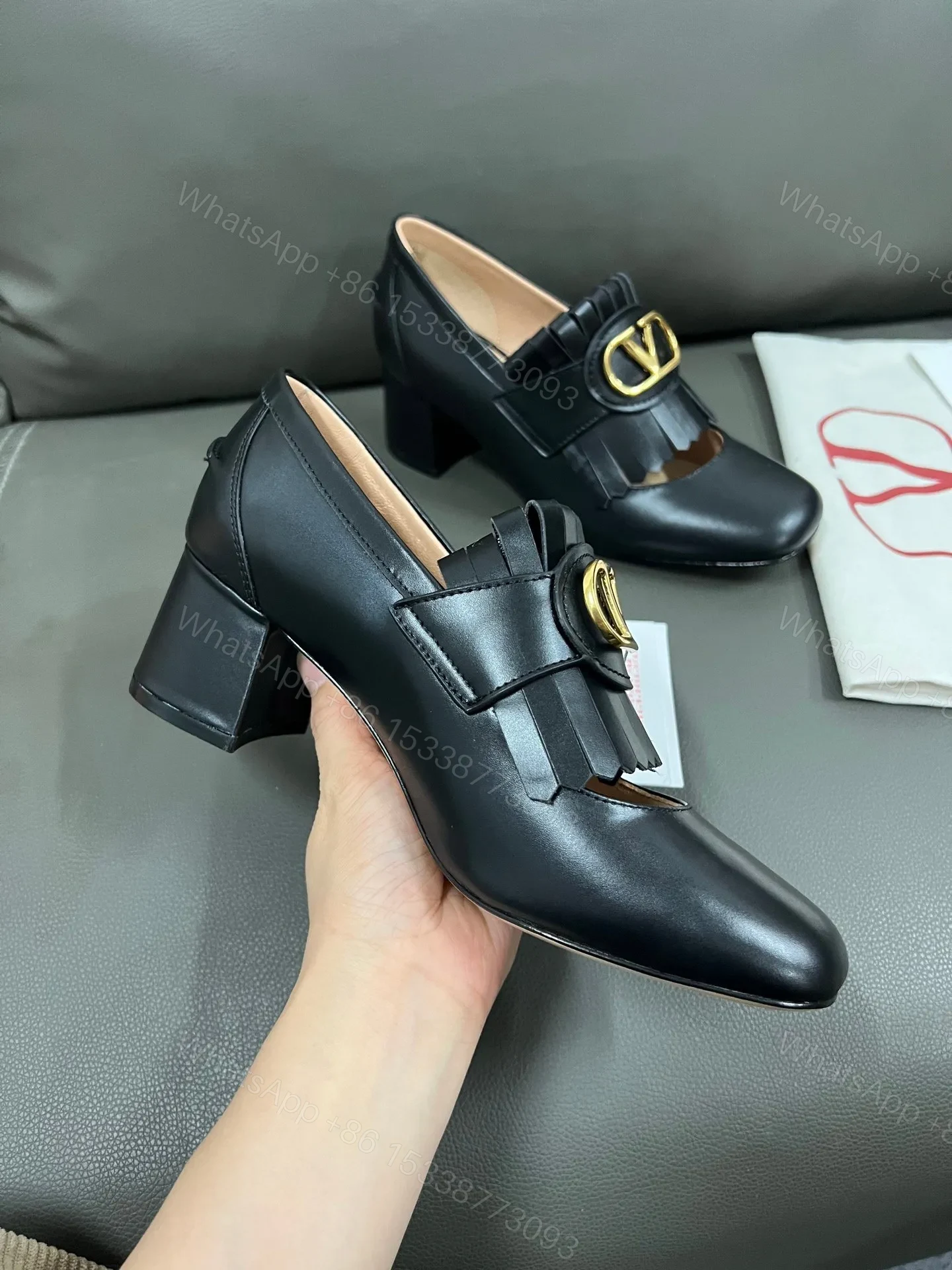 View 6 of Valentino Women Black Leather Fringe Loafers