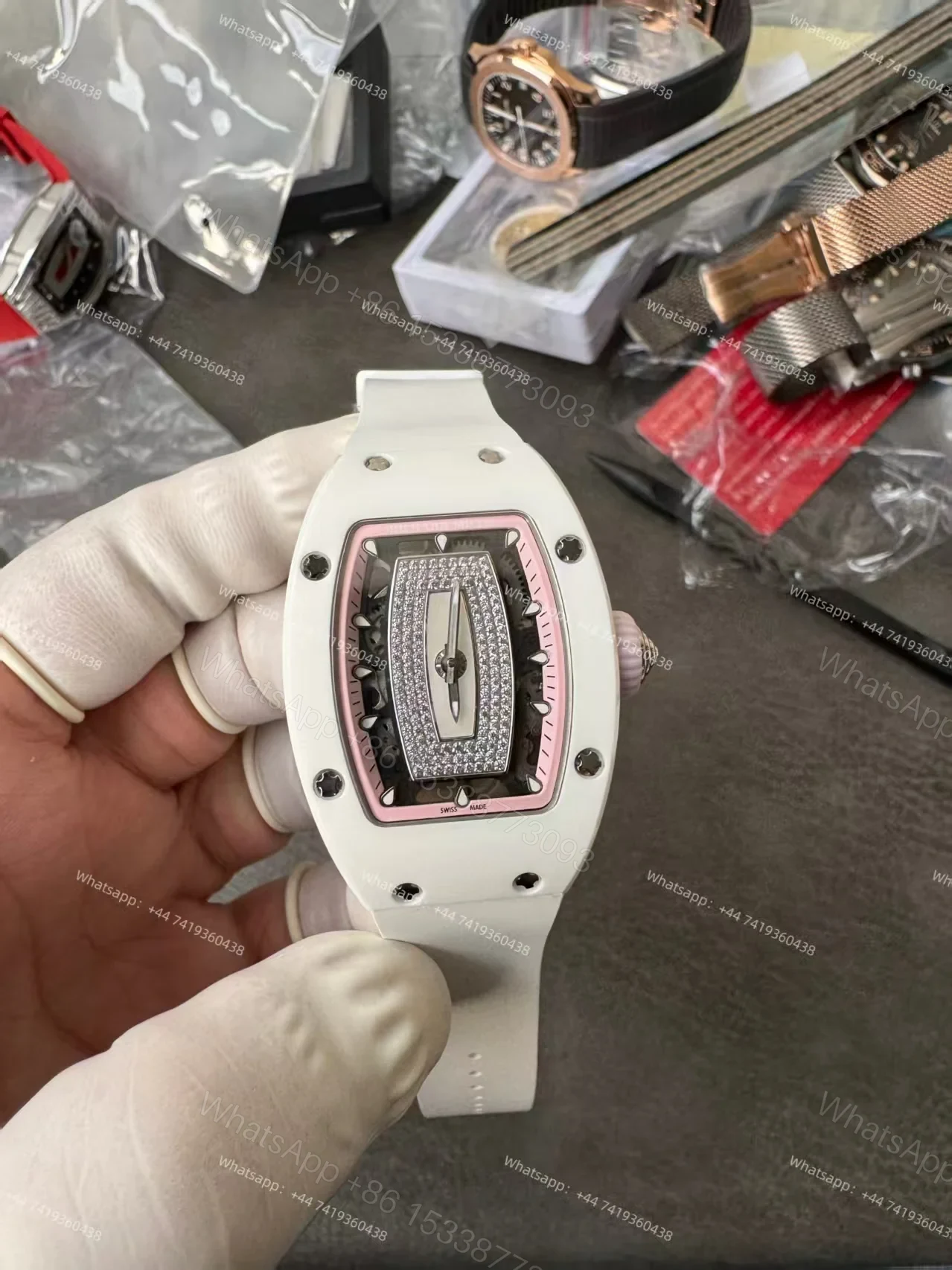 View 2 of Super Clone Richard Mille RM 07-01 White Ceramic Pink Diamond 1:1 Replica Watch