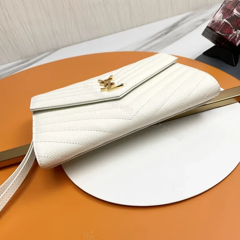 View 7 of Elegant Quilted Envelope Clutch with Gold-YSL Emblem, Ivory, Day-to-Night Essential