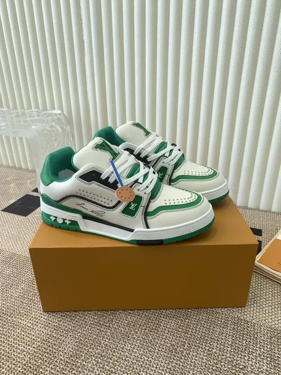 View 8 of Green & White Leather High-Tops with LV-Style Detailing Sneakers