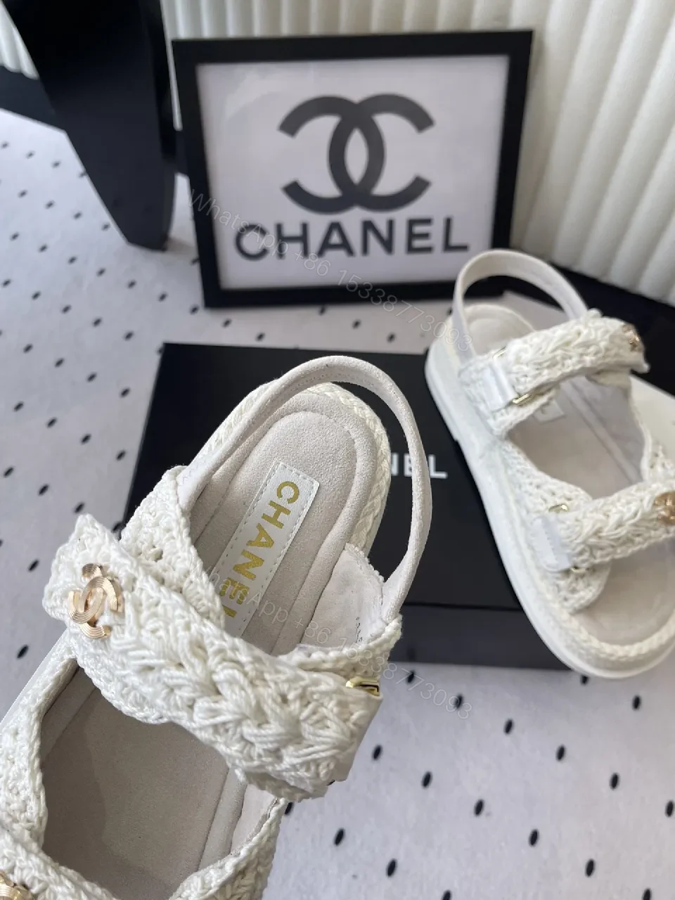 View 6 of Ivory Knit Sandals with Gold Logo - Couture-Style Comfort