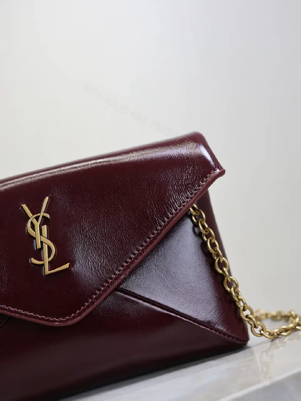 View 2 of Burgundy Leather Crossbody, Satin-Gloss, Gold Hardware, Chic Couture