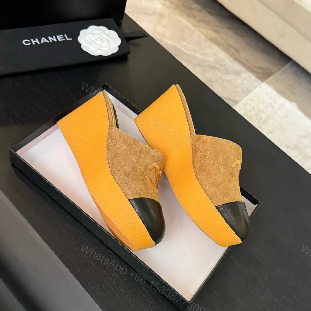 View 4 of Camel Suede Mules with Black Cap Toe—Chic Open-Back Style, Cushioned Comfort