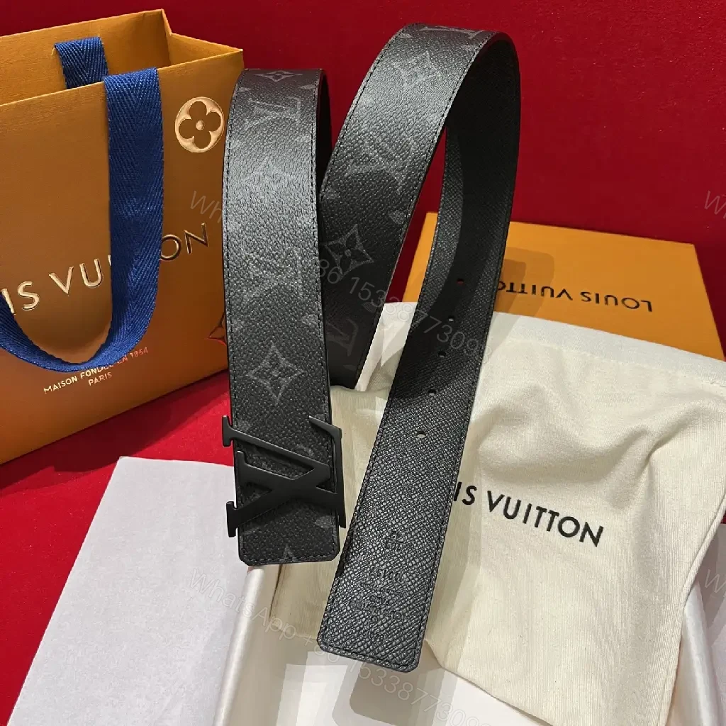 View 10 of Black Leather Modern Luxury Belt with LV Buckle Signature Pattern