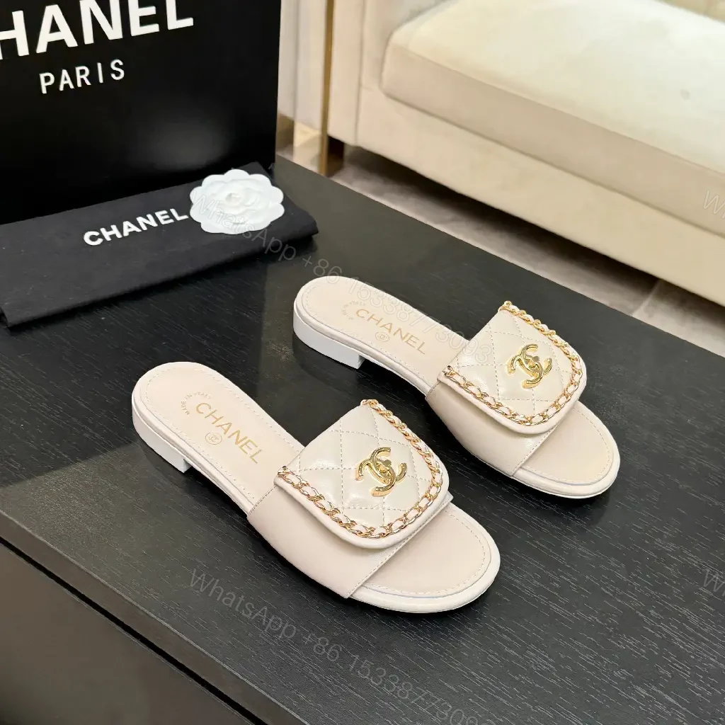 Quilted Leather Slides + Gold Emblem + Luxury Casual Slip-ons — view 1