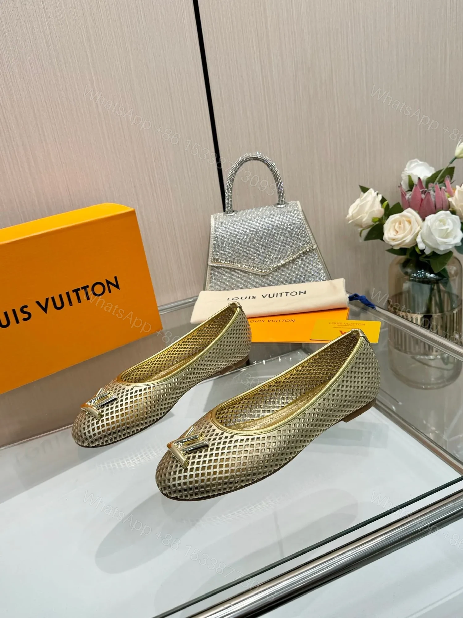 View 4 of LV Women Gold Metallic Mesh Ballet Flats