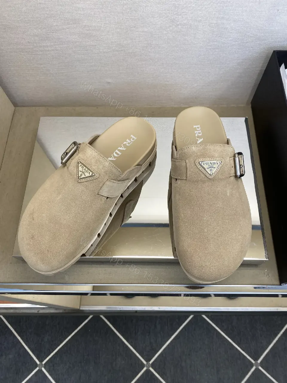 View 5 of Beige Suede Leather Prada Logo Mule Slippers