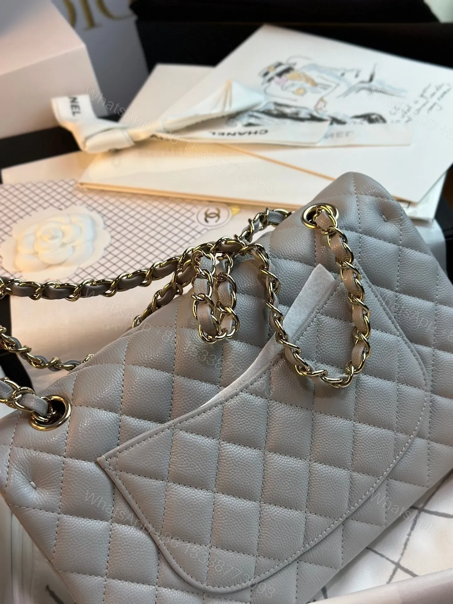 View 6 of CHANEL FLAP BAG 25CM GOLD HARDWARE GREY CAVIAR