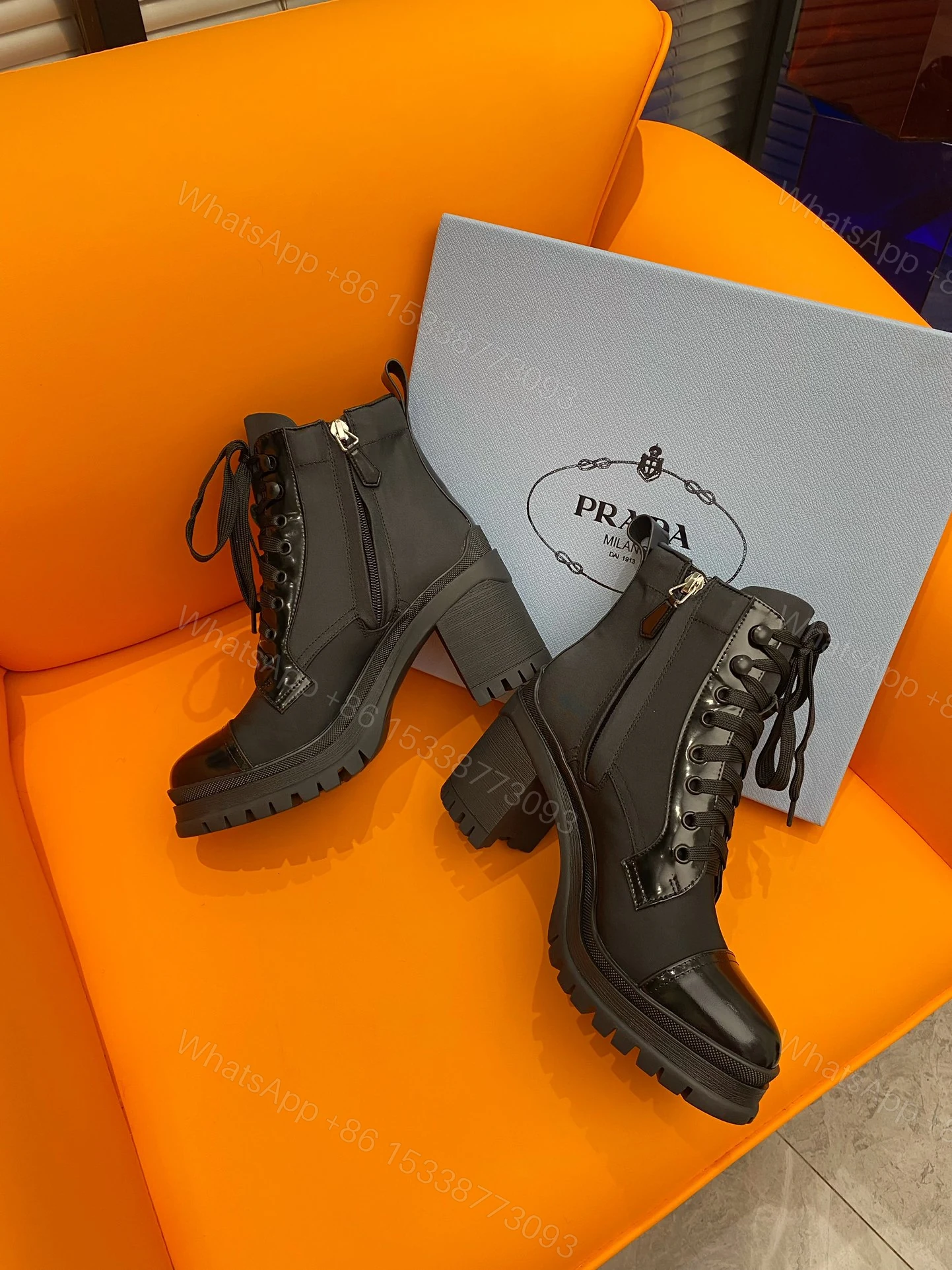 View 4 of PRADA LOGO PLAQUE ANKLE BOOTS BLACK