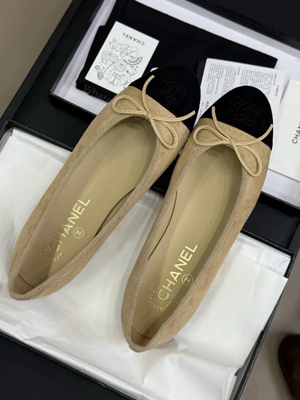 View 4 of Neutral Beige & Black Captoe Ballet Flats: Two-Tone Luxury Comfort