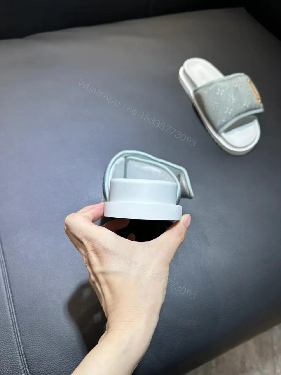 View 2 of Denim-Trim Monogram Slides: chic, all-day comfort