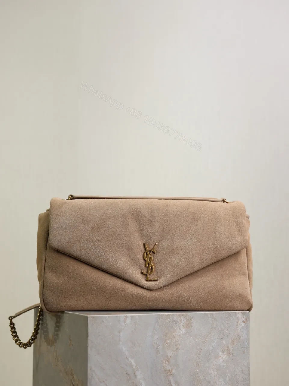 Taupe Suede Clutch – Gold Hardware, Envelope Style, Everyday Luxe — view 1