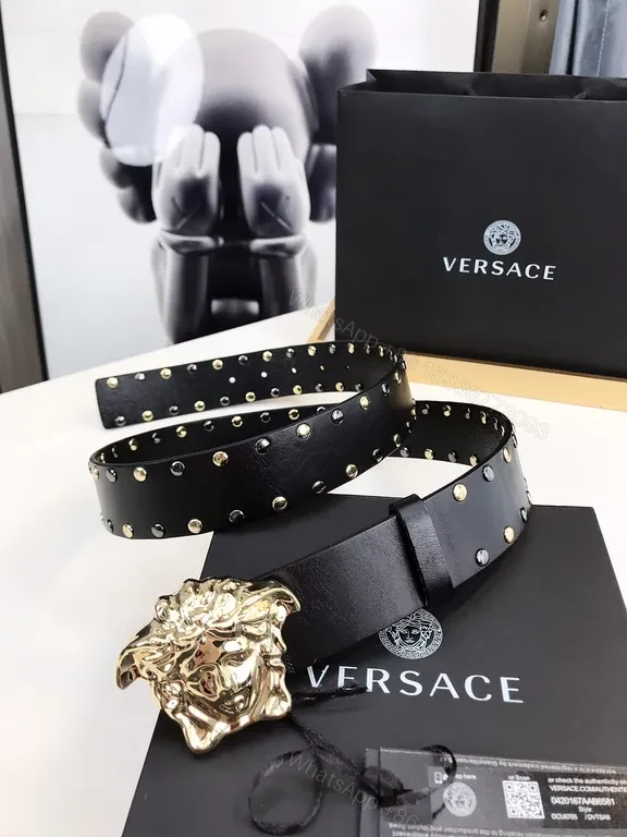 View 4 of Statement Belt: Black Leather, Medusa Buckle, Gold Studs, Luxury