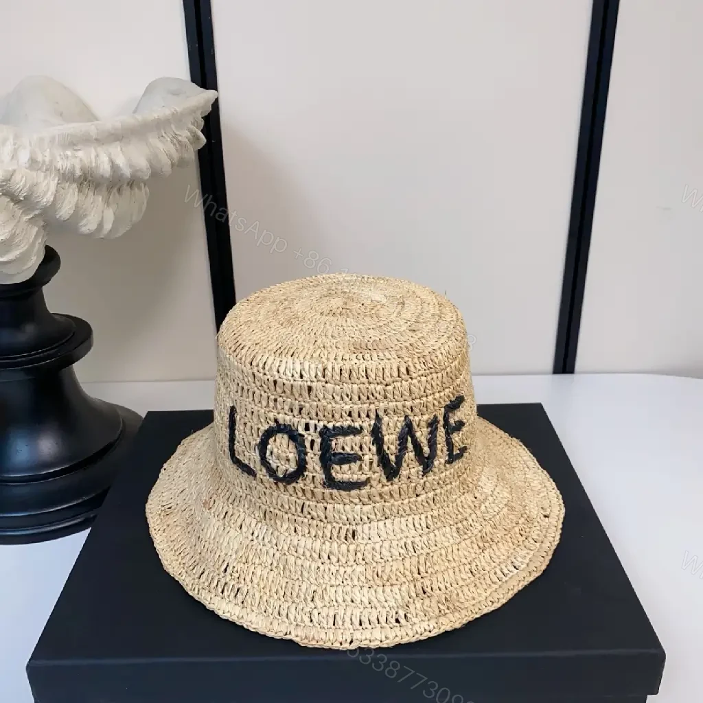 View 8 of Natural Straw Hat with LOEWE-Style Print - Lightweight, Sun-Shielding Cap