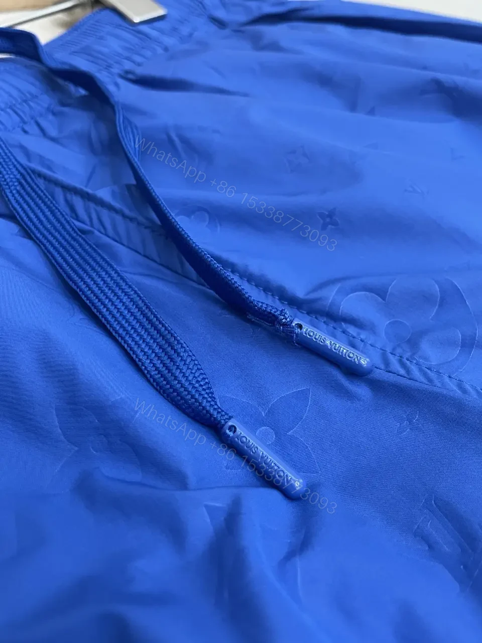 View 3 of Blue Silk-Like Drawstring Shorts, Louis Vuitton Monogram Style, Swim/Active Type