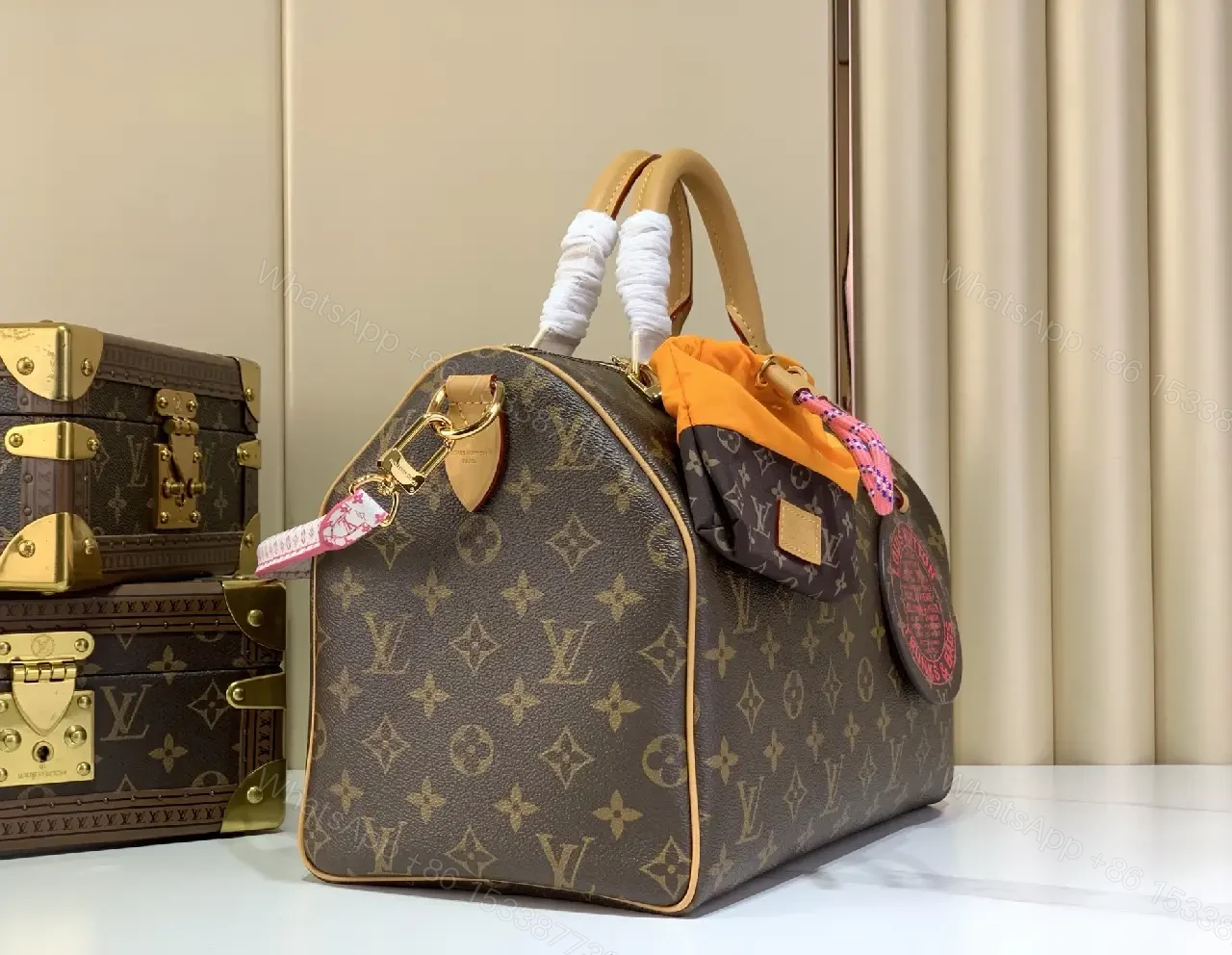 View 5 of Dark Brown Monogram Canvas Dome Tote with Pink-White Strap