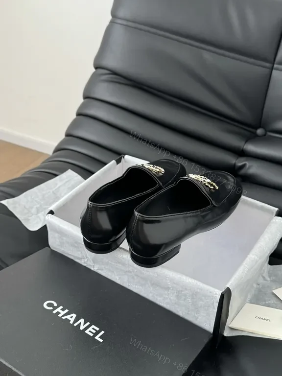 View 4 of Chic Leather Loafers with Logo Hardware - Black, Luxe Style