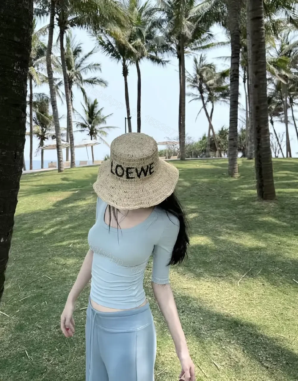 View 5 of Natural Straw Hat with LOEWE-Style Print - Lightweight, Sun-Shielding Cap