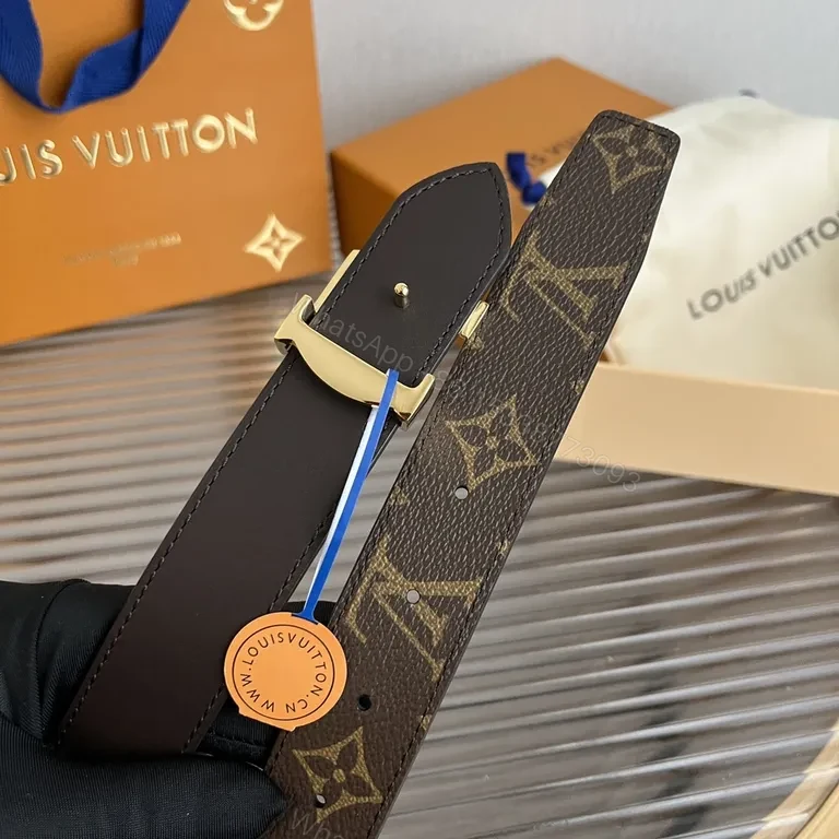View 4 of Premium Leather Belt with Gold LV Interlock Buckle