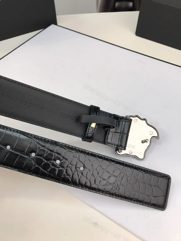 View 7 of Crocodile-Texture Leather Belt: Lion Buckle Luxury Belt
