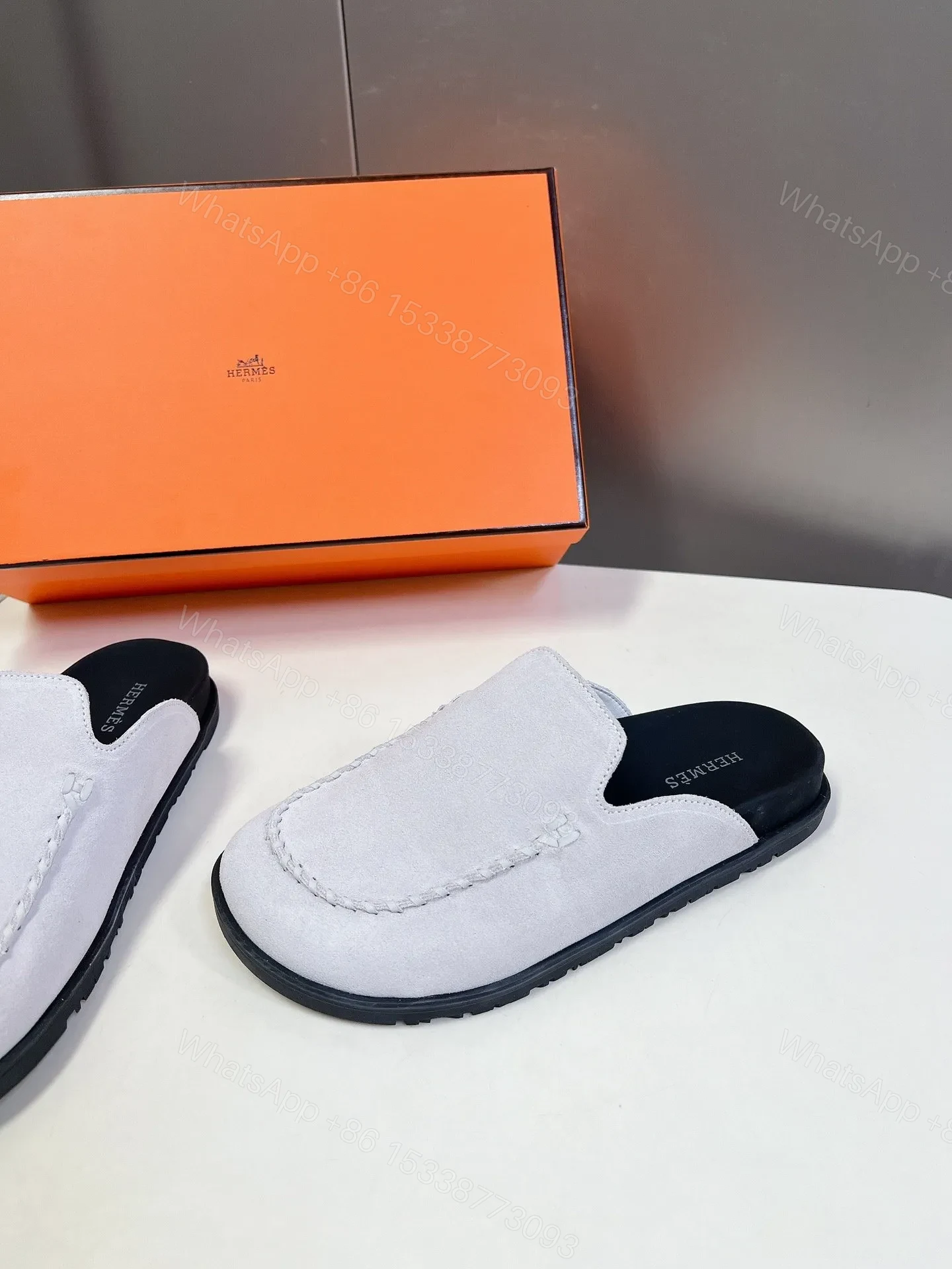 View 4 of Hermes Women White Suede Leather Slippers