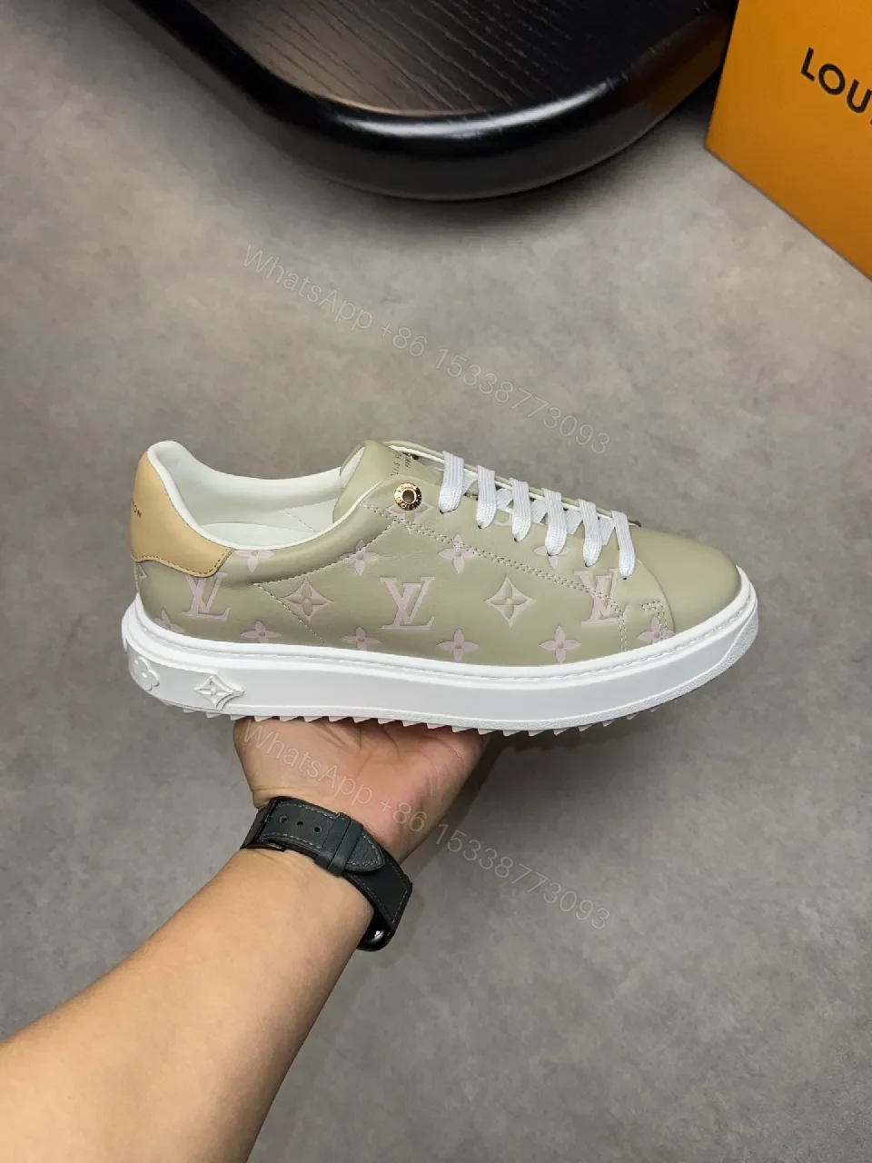View 7 of Taupe Monogram-Accent Low-Top Sneakers with Subtle Shine