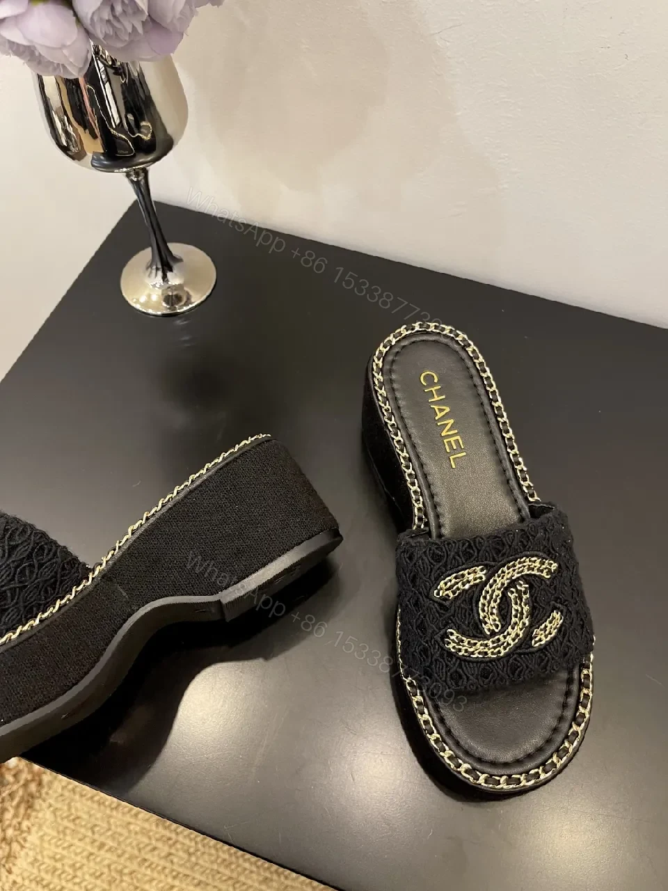 View 7 of Lux Knit Slides with Signature Chain Detailing