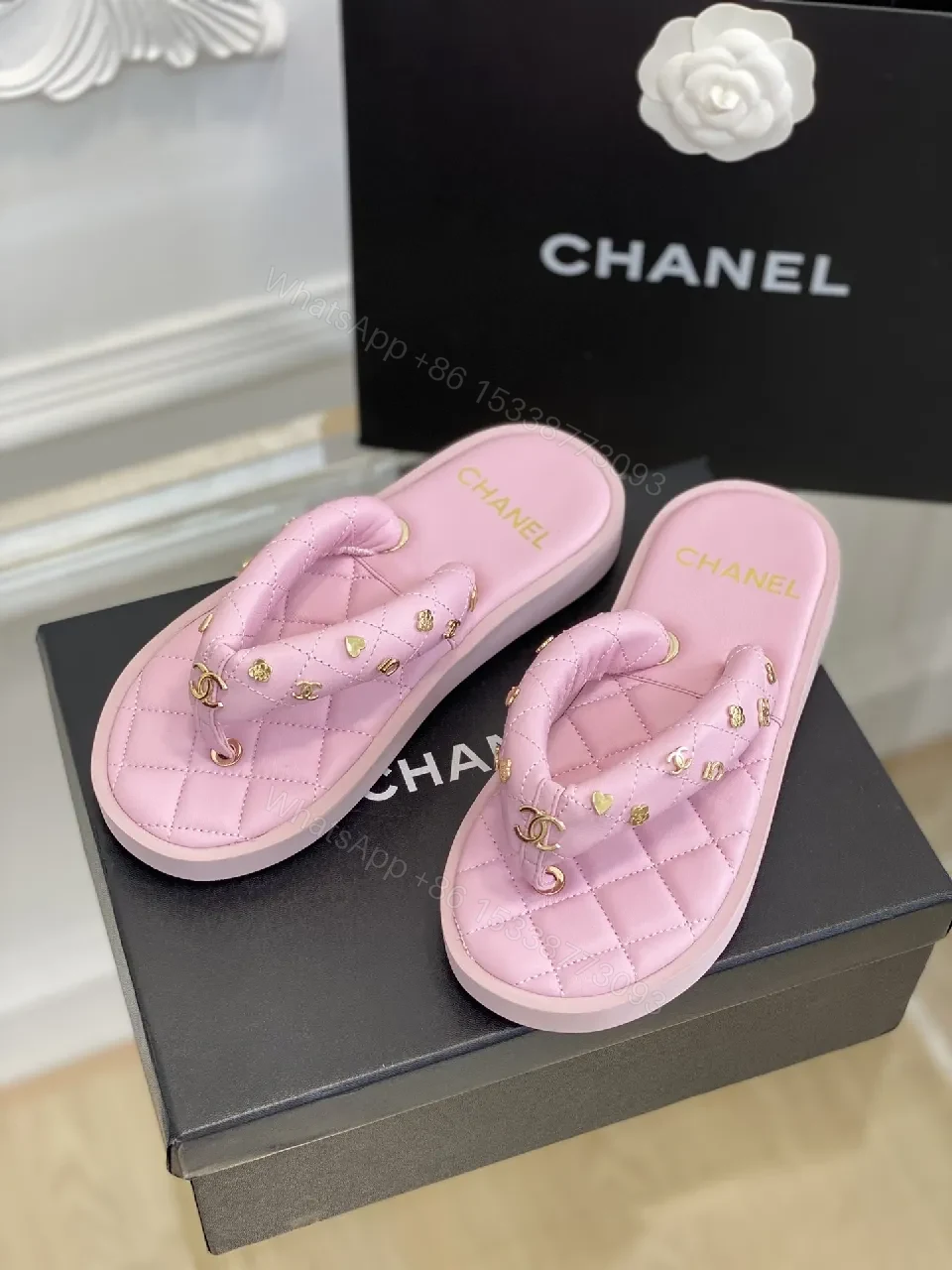 View 8 of Pink Quilted Sandals with Gold Hardware Slide