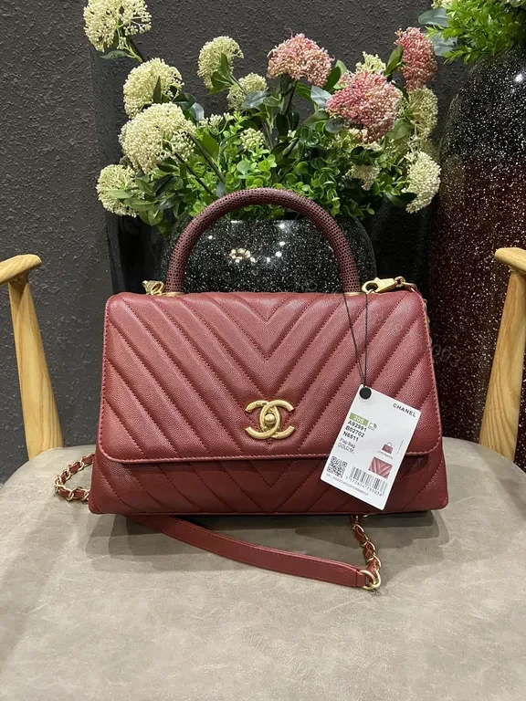 Burgundy Chevron Leather Handbag with Gold Emblem Chanel-Inspired — view 1