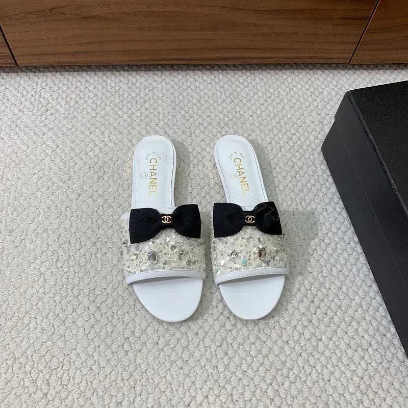 White Crystal Glitter Sandals Satin Bow Chanel Style Sparkle Embellishments Slide Sandals — view 1