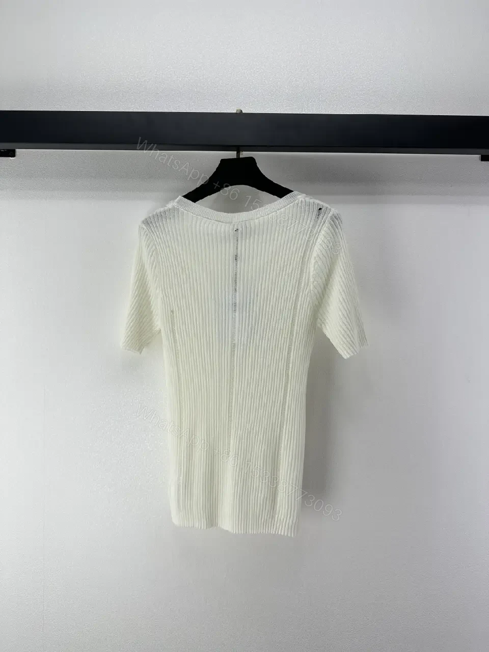 View 9 of Minimalist Ribbed Knit Tee with Subtle Crest Logo - White/Creme, Premium Knit, Crewneck Tee
