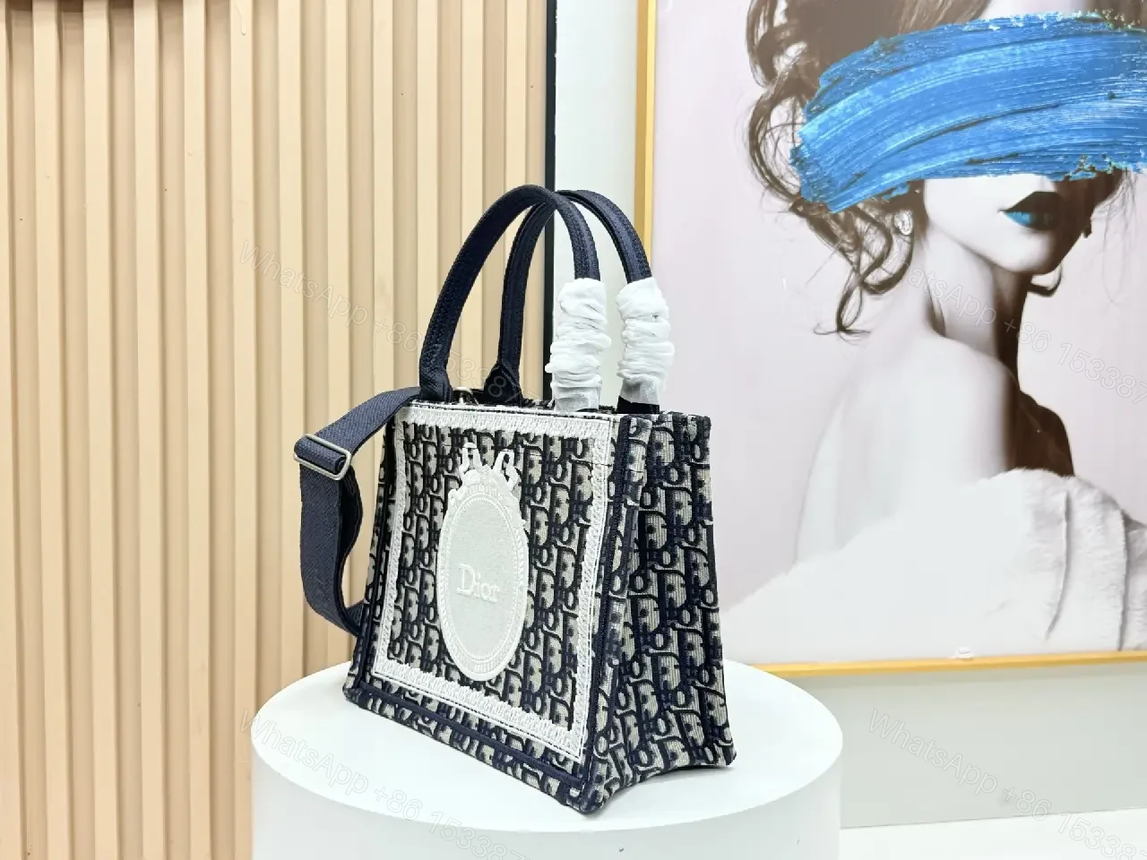View 2 of Chic Monogram Weave Structured Handbag, Navy Cream