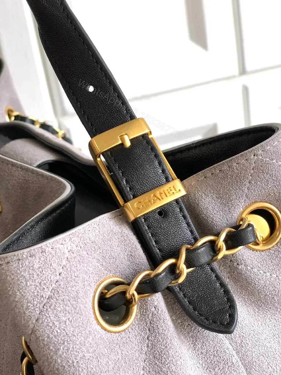 View 7 of Two-Tone Taupe/Black Quilted Tote with Gold Chain Strap