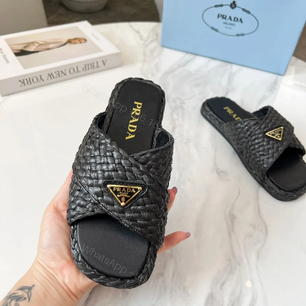 View 5 of PRADA RAFFIA CRISSCROSS SLIDES BLACK 1XX750 027 F0002 F 020