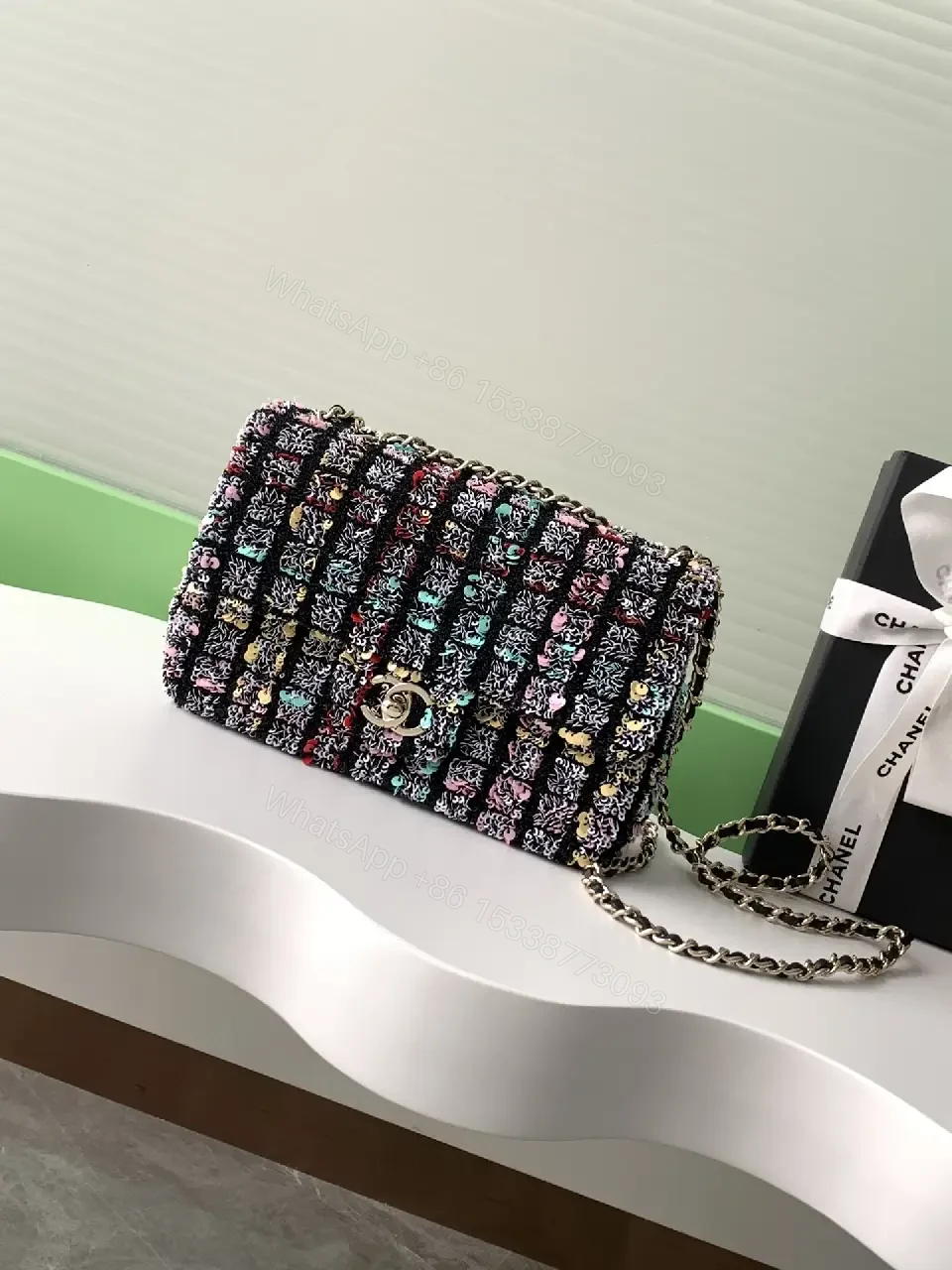 View 2 of Multicolor Tweed Chain-Shoulder Bag with CC Logo Clasp