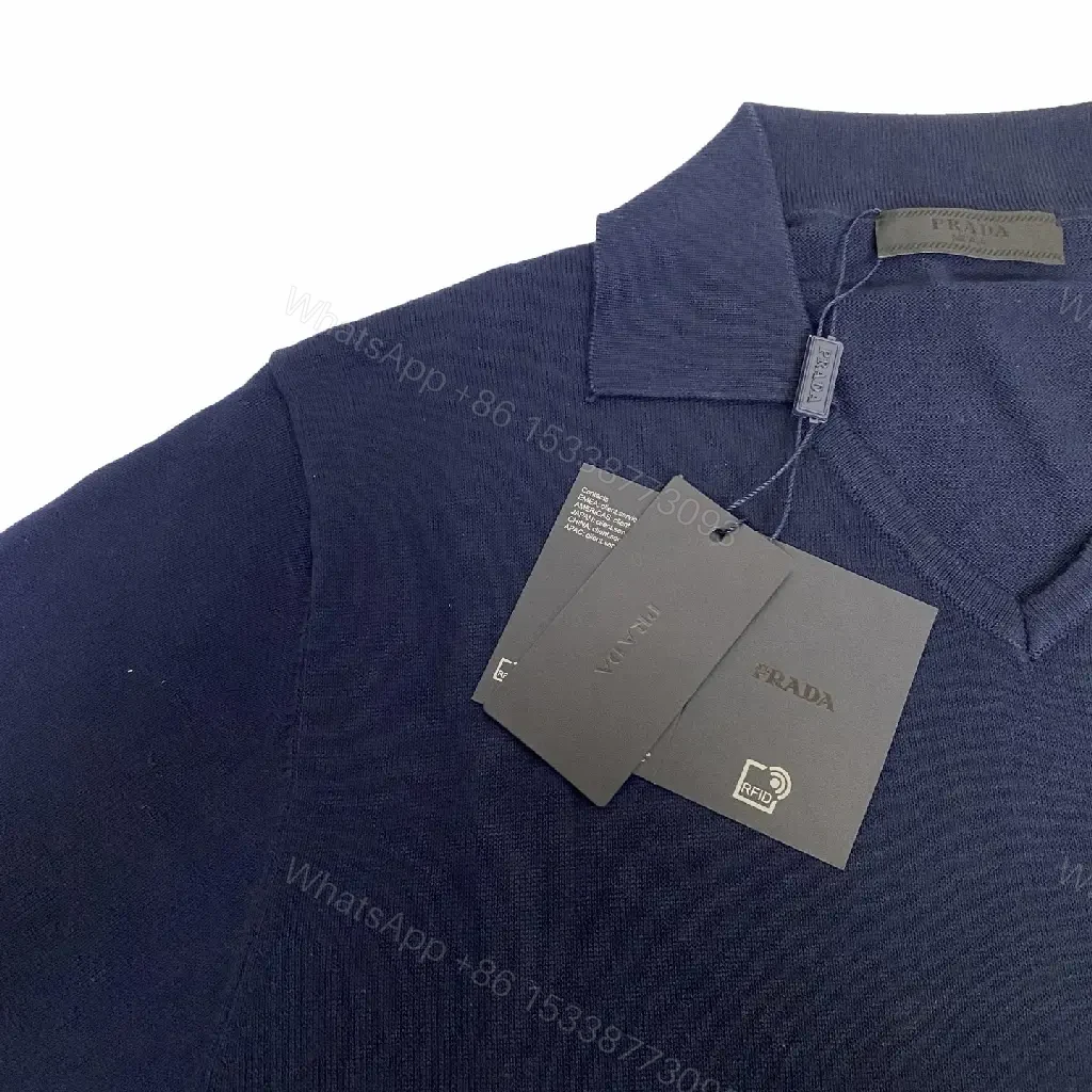 View 4 of Navy Knit Polo V-Neck Top with Crest Emblem, Short Sleeves