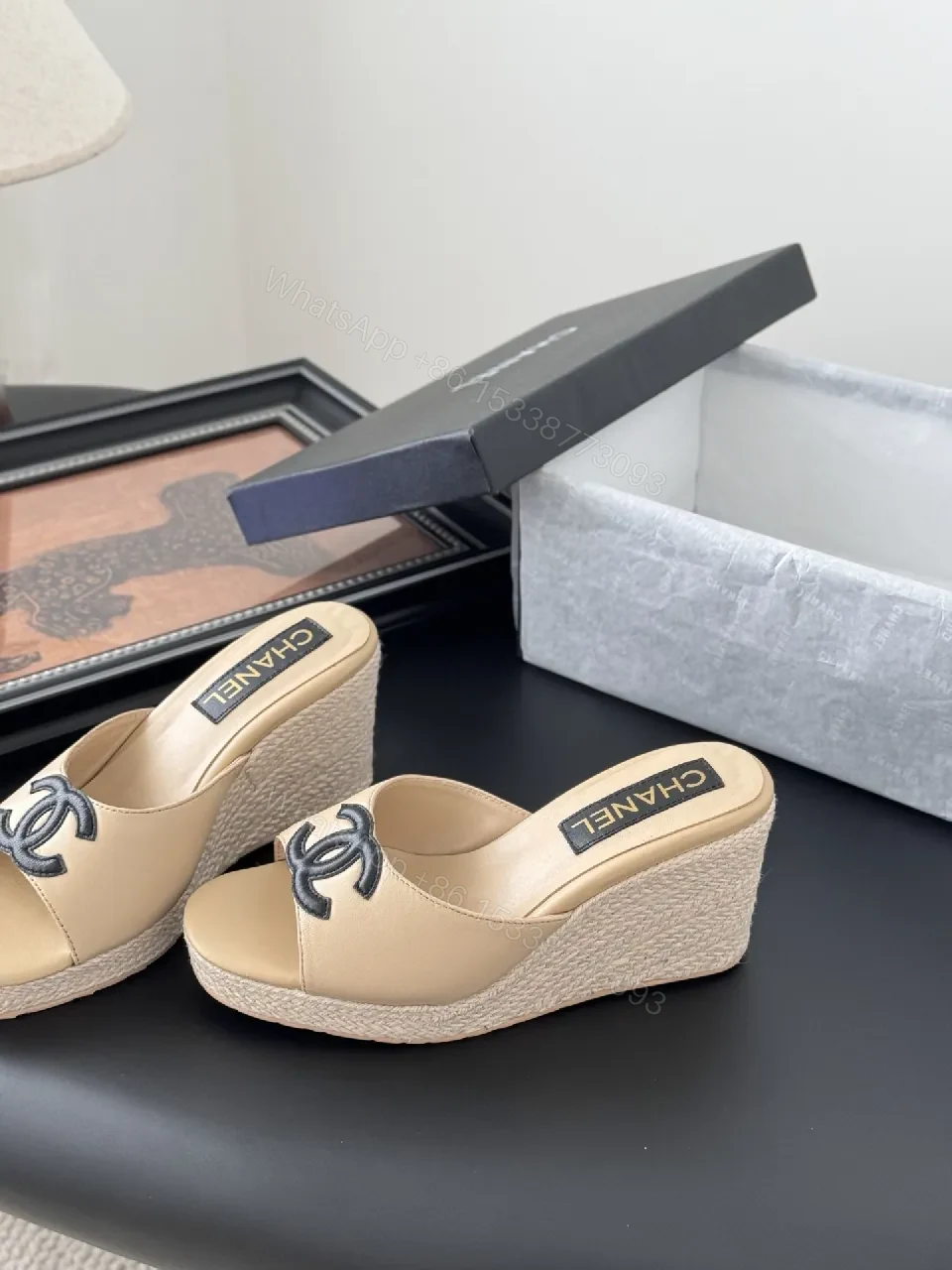 View 8 of Beige Leather Wedge Mules – Subtle Logo Elevation Shoes