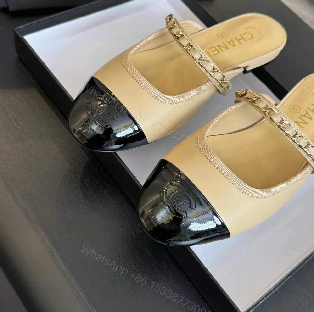 View 7 of Two-Tone Leather Slide with Chain Detail, Luxury Style