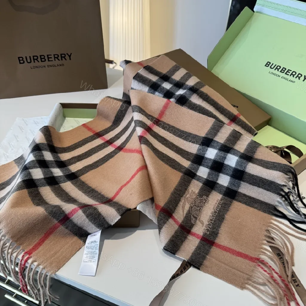 View 6 of Camel Check Scarf — Premium Knit, Fringed Edges, Timeless Luxury
