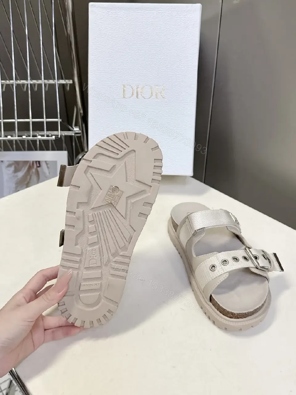 View 5 of Cream Leather Sandals, Metallic Buckle, Dior Style, Cork-Insole Comfort, Sandals
