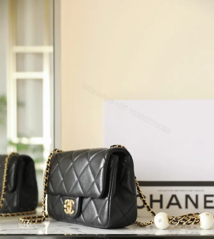 View 7 of Classic Black Quilted Leather Shoulder Bag, Gold Hardware, Crossbody/Shoulder Style