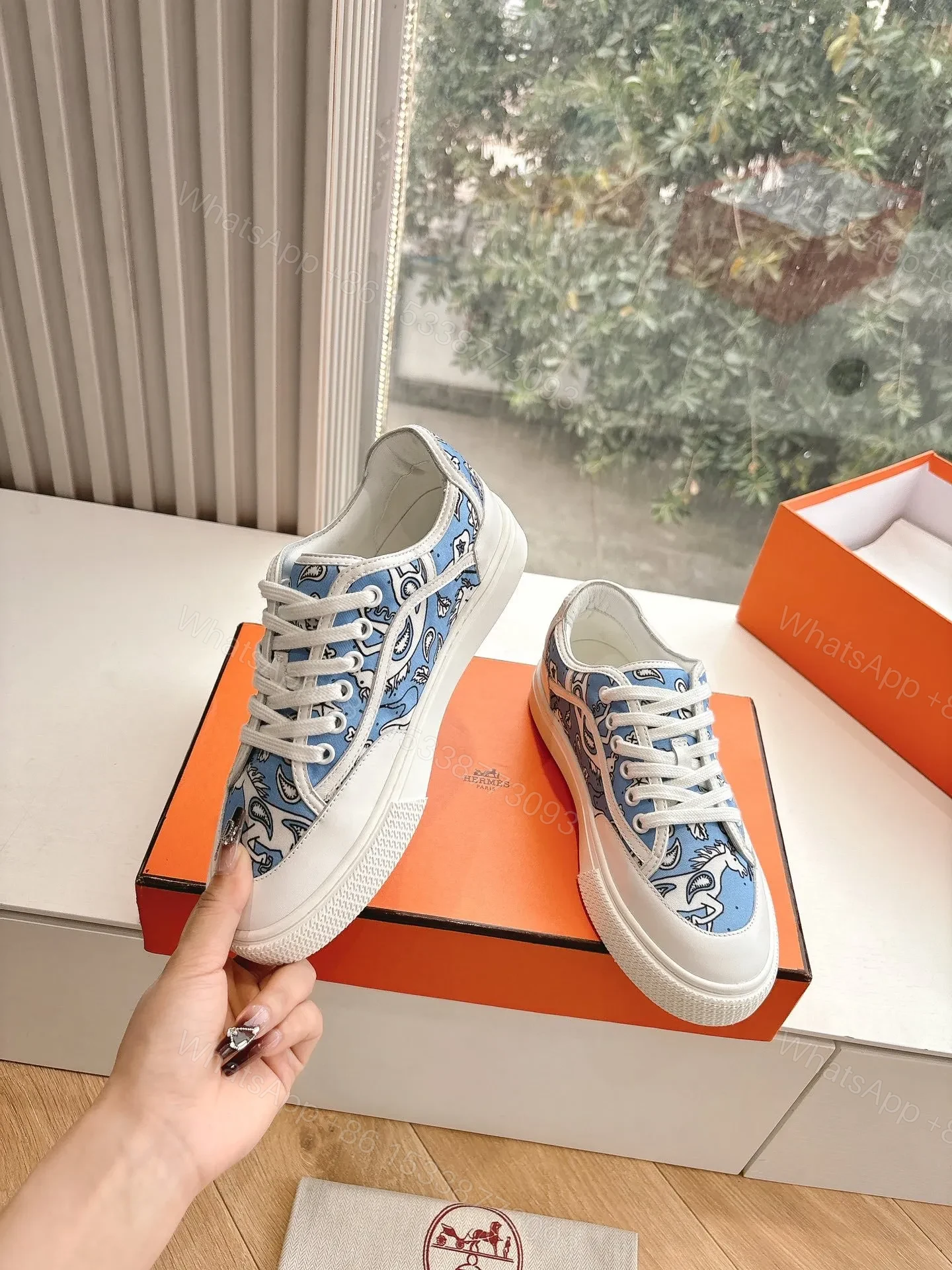 View 6 of Hermes Women Light Blue Canvas And White Sneakers