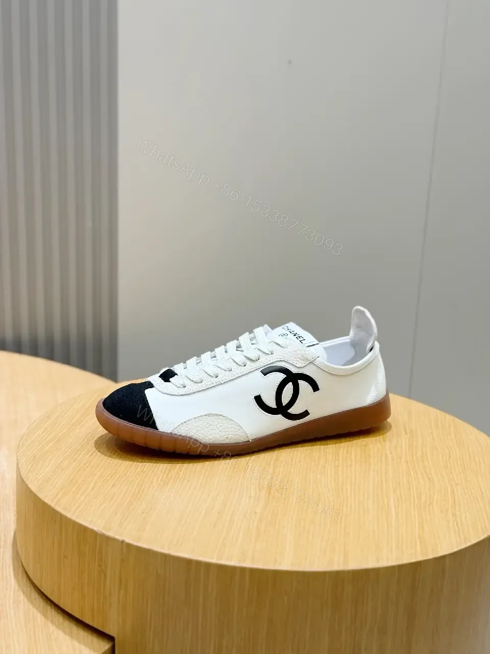 View 5 of White Leather Sneaker Black Toe Classic Chanel Logo Shoes