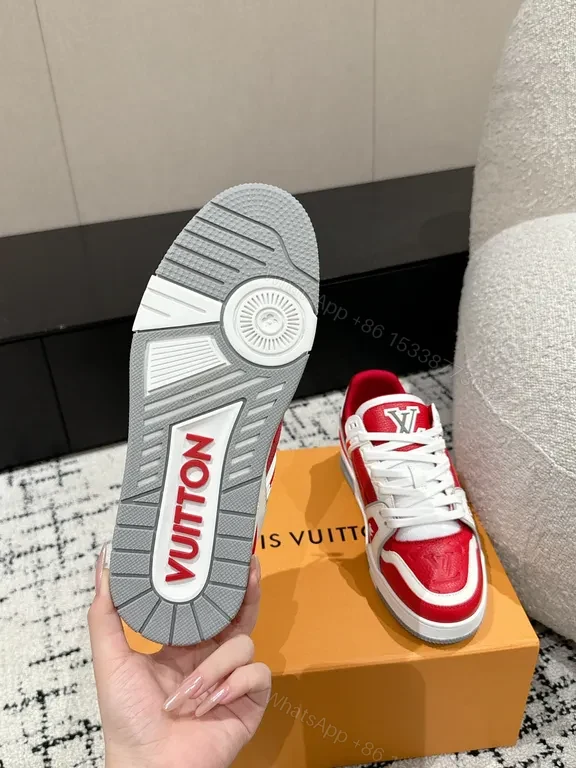 View 2 of Bold Red-White Luxe High-Top Sneaker with LV-Inspired Details