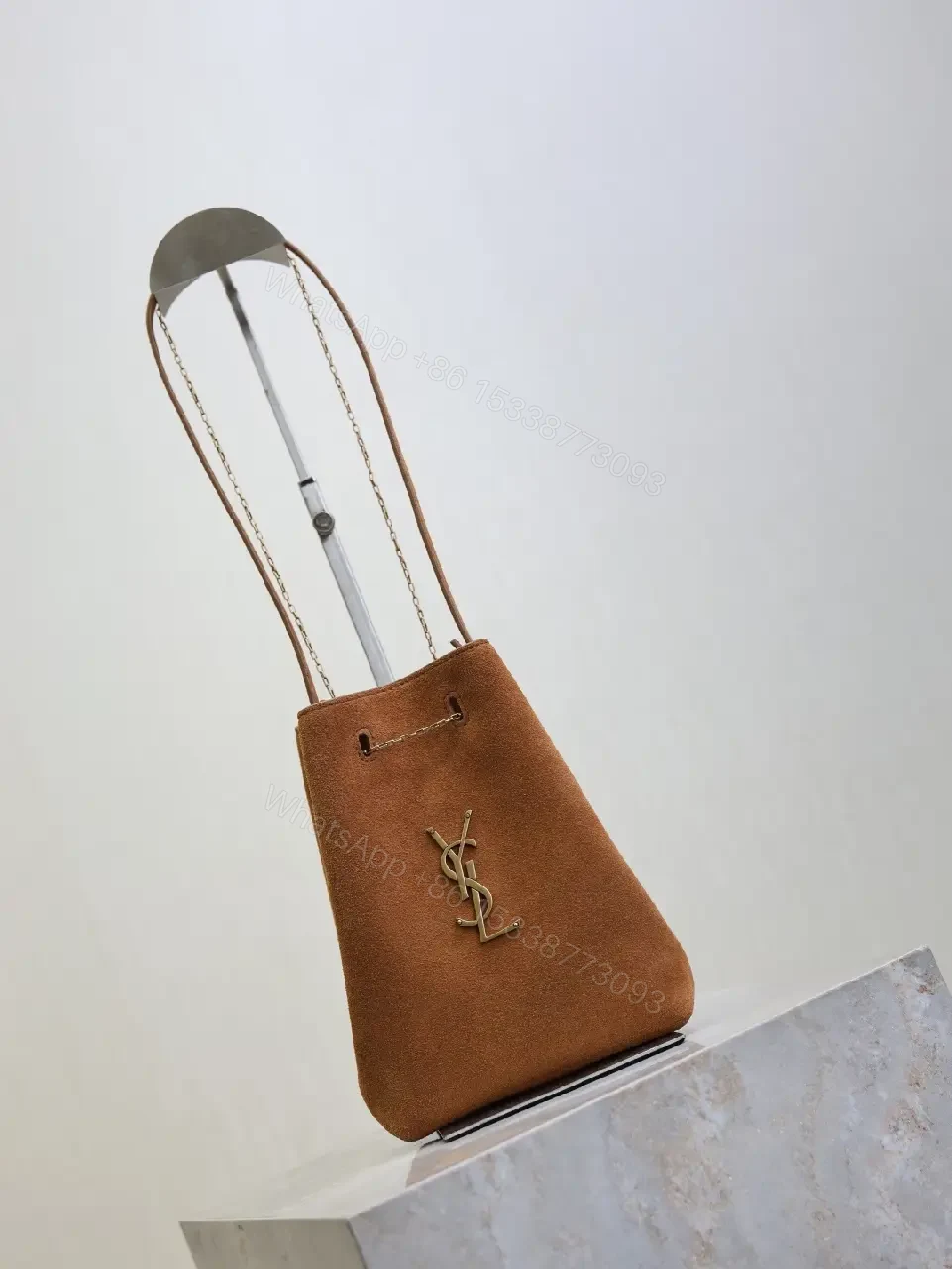 View 8 of Brown suede YSL-inspired shoulder bag with gold-tone chain strap